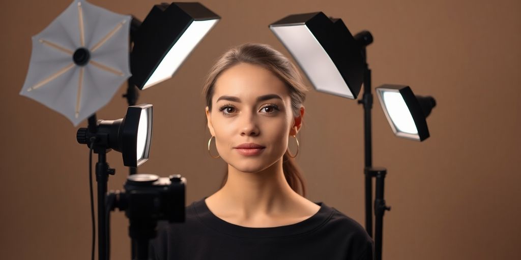 Porträtbeleuchtung mit Softboxen und neutralem Hintergrund.