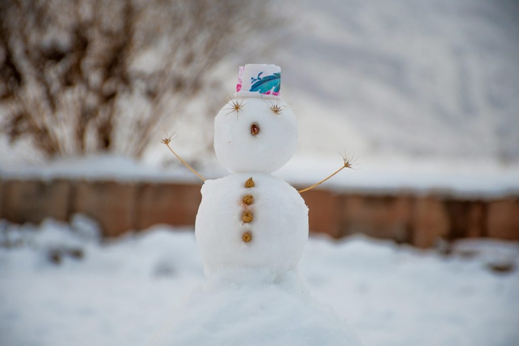 a snowman is standing in the middle of the snow